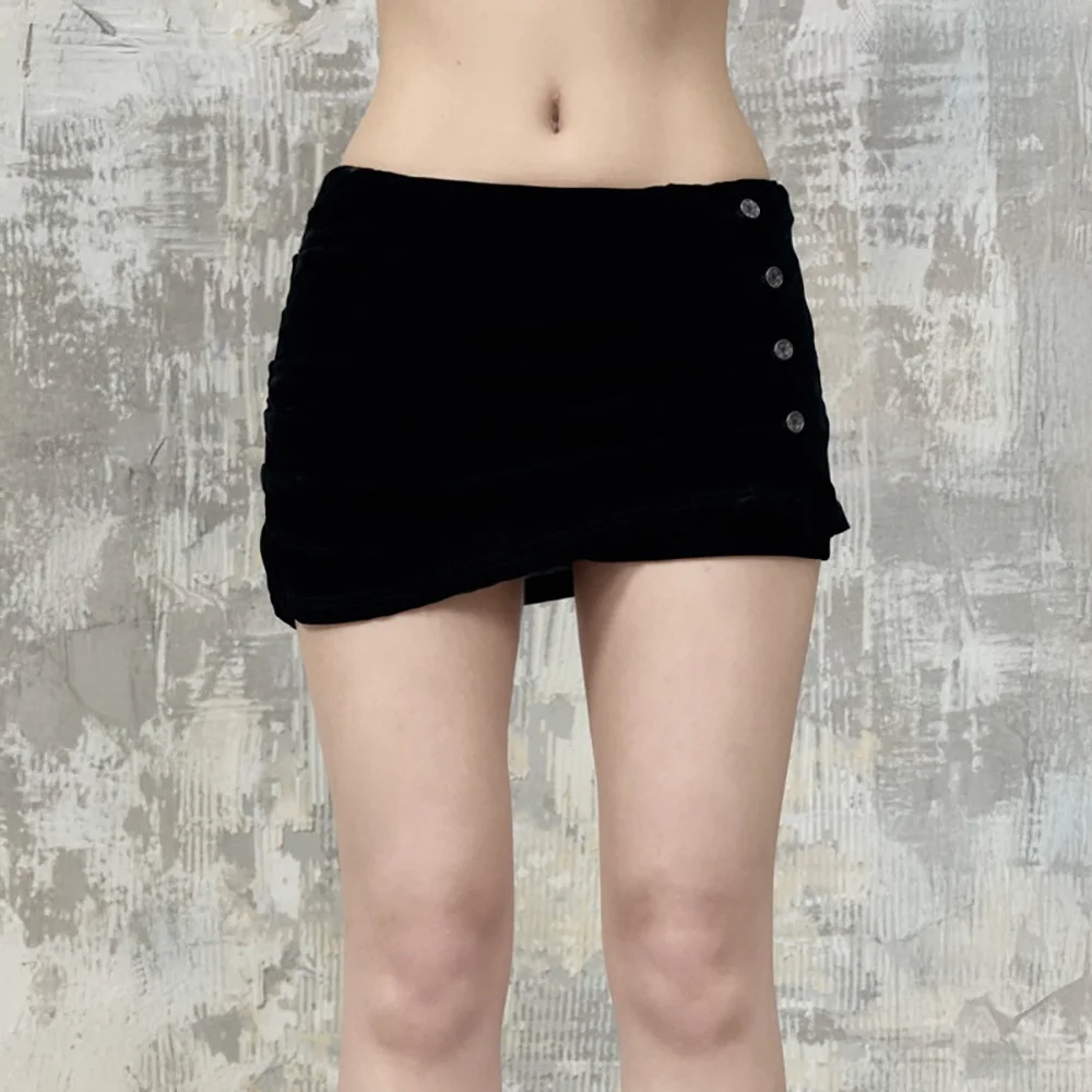 Velvet Button Shirring Mini Skirt (Black)