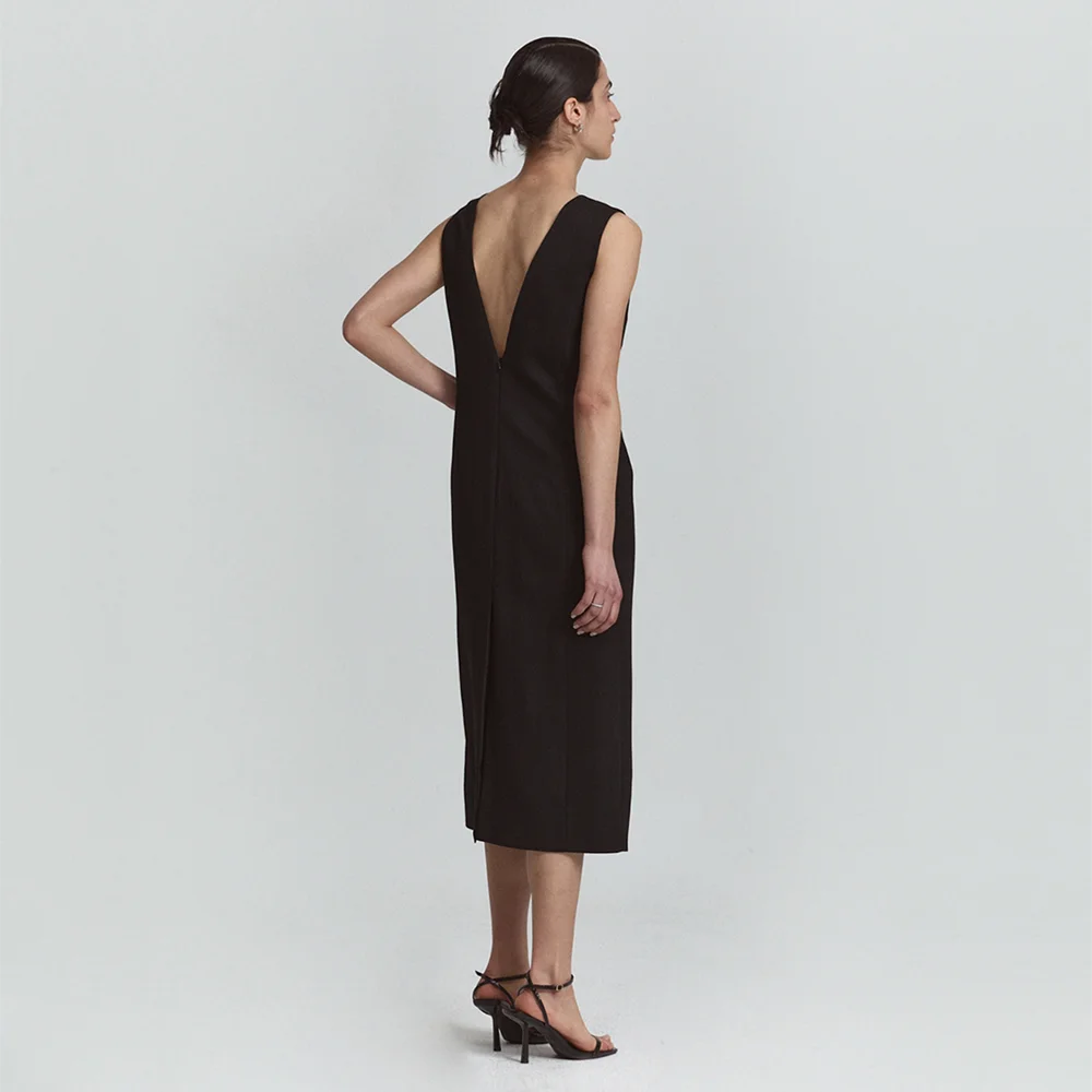 MIDI DEEP V-NECK SLIM DRESS_BLACK
