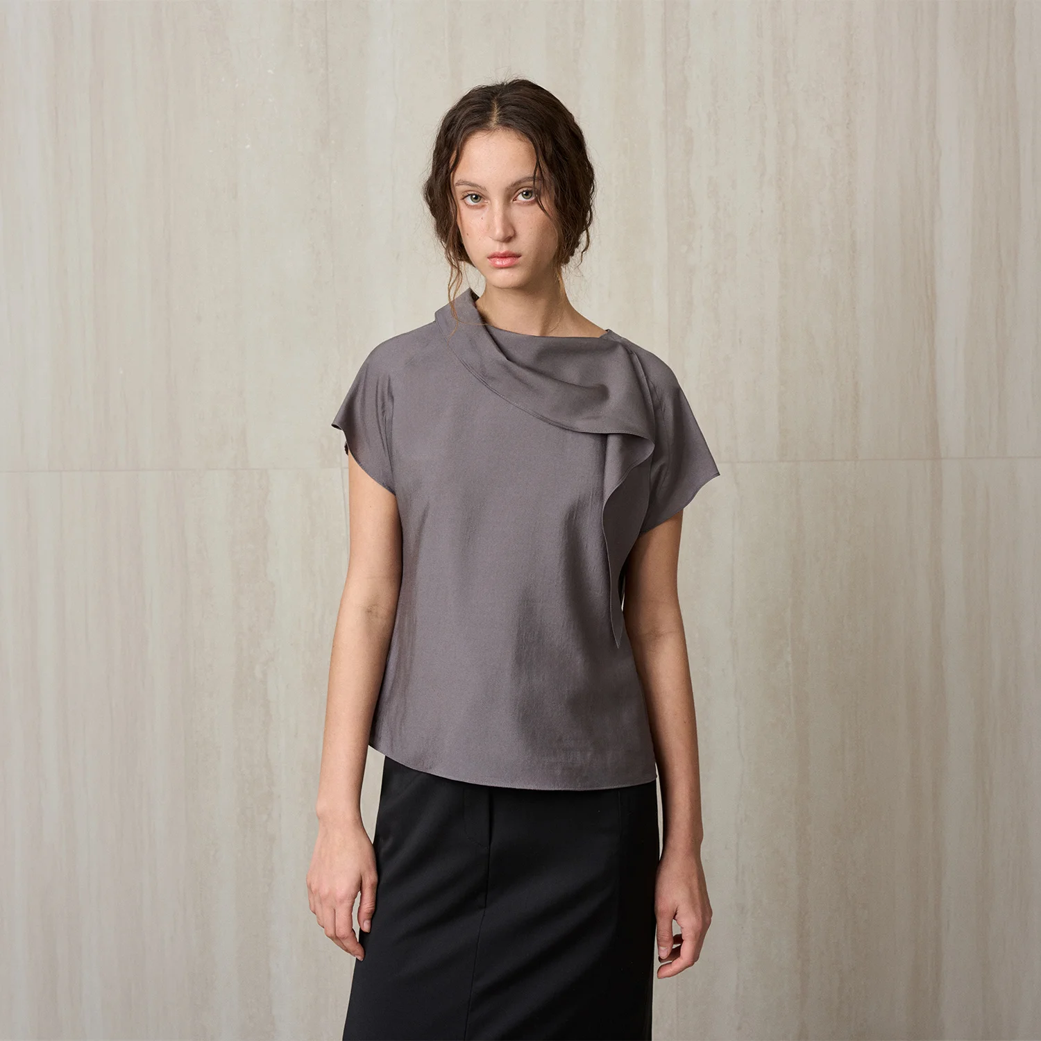 SCARF-DETAIL BLOUSE CHARCOAL