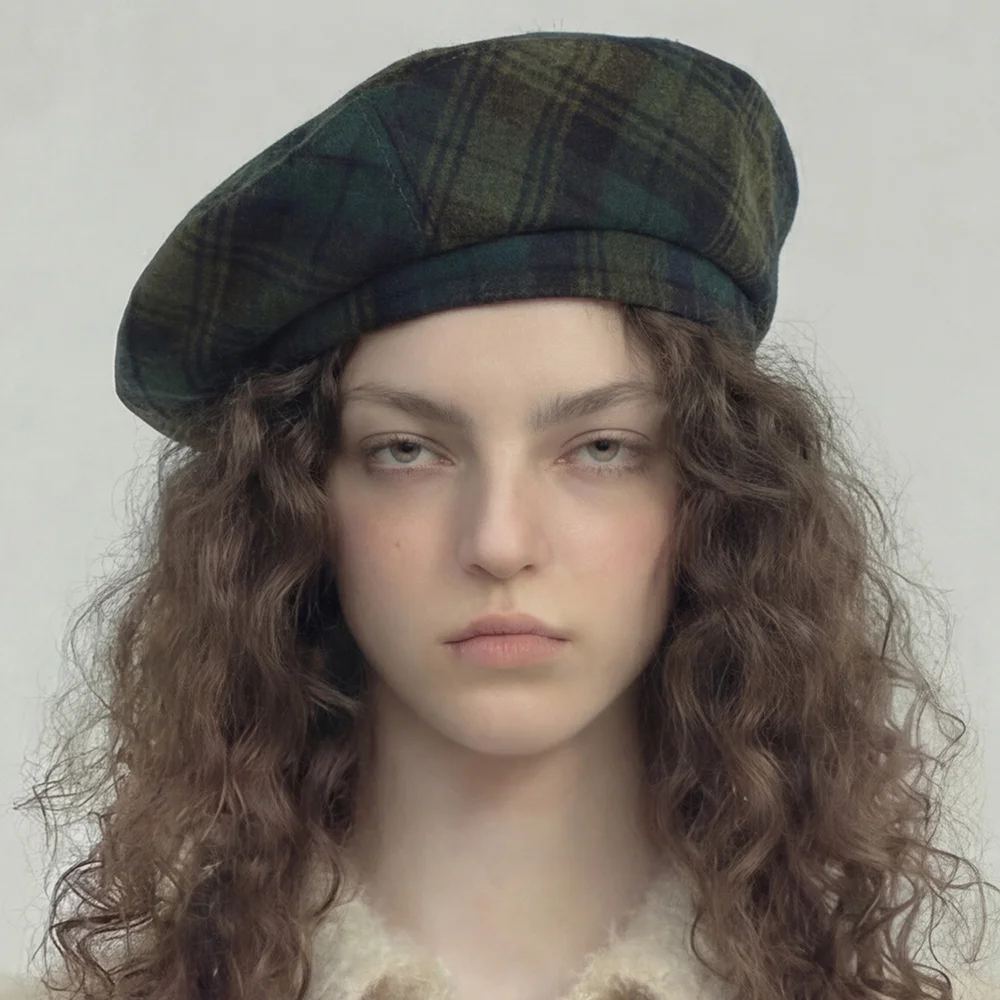羊毛 格紋 圖案 冬季 女裝 日常 報童帽 貝雷帽 FULL MOON BERET / WOOL CHECK / FOREST GREEN