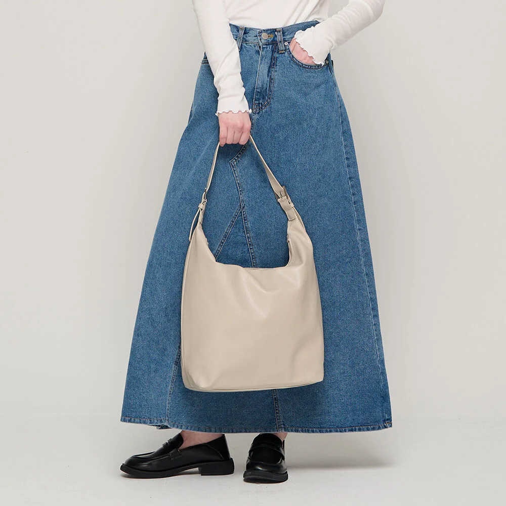 皮革 大 購物 Hobo Bag (象牙色)