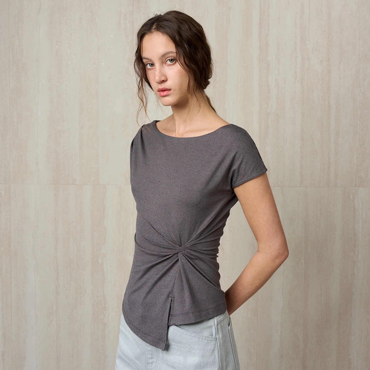 TWISTED DRAPE TOP CHARCOAL