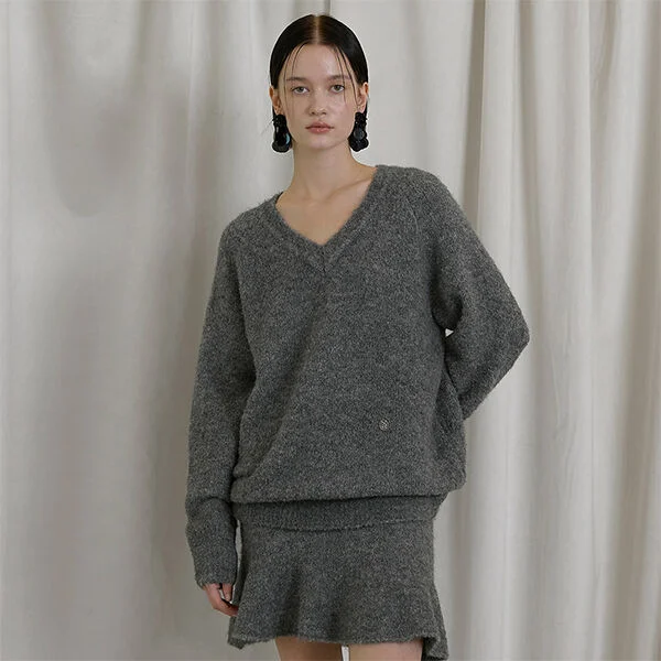 WOOL BOUCLE OVER-FIT V NECK KNIT- GY(T-6729)