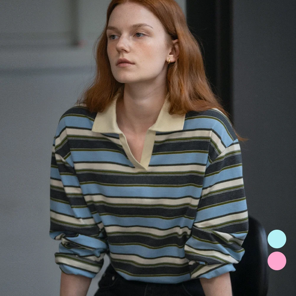 Stripe overfit collar longsleeve T-shirt _