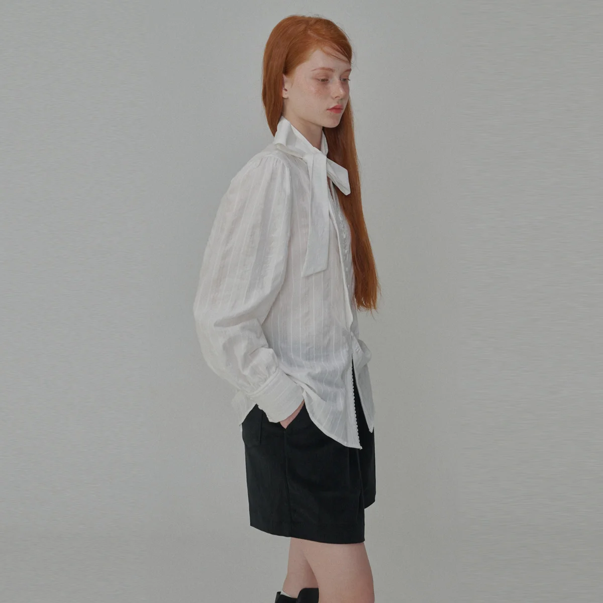 Puff Sleeve Tie Cotton Blouse_White
