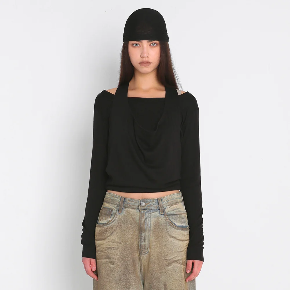 DRAPED HALTER LAYERED LONG SLEEVE T-SHIRT_BLACK