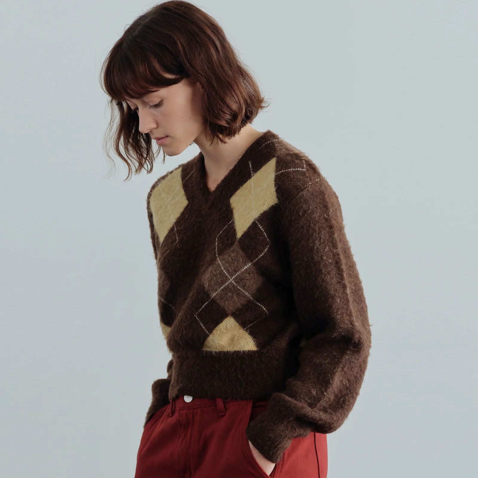 V-neck Argyle Knit(Brown)