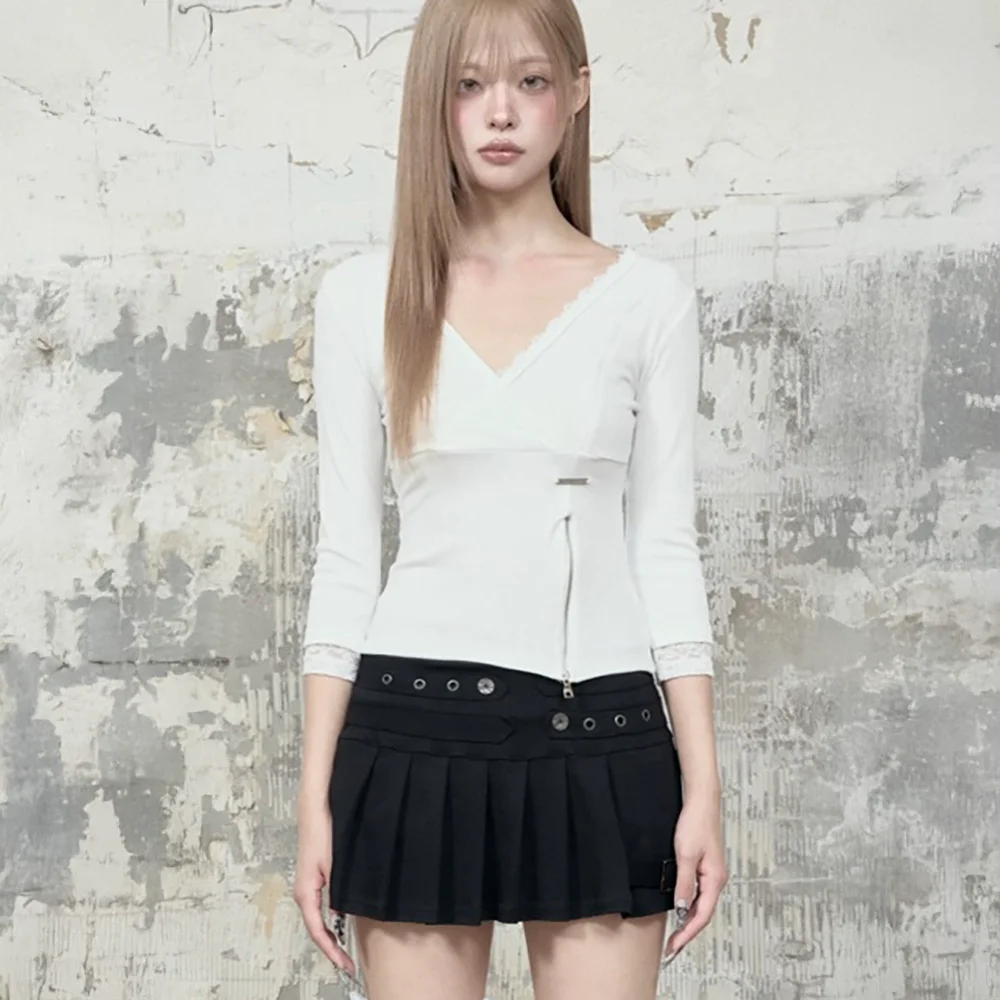Lace Trim Button Wrap Long Sleeve (White)