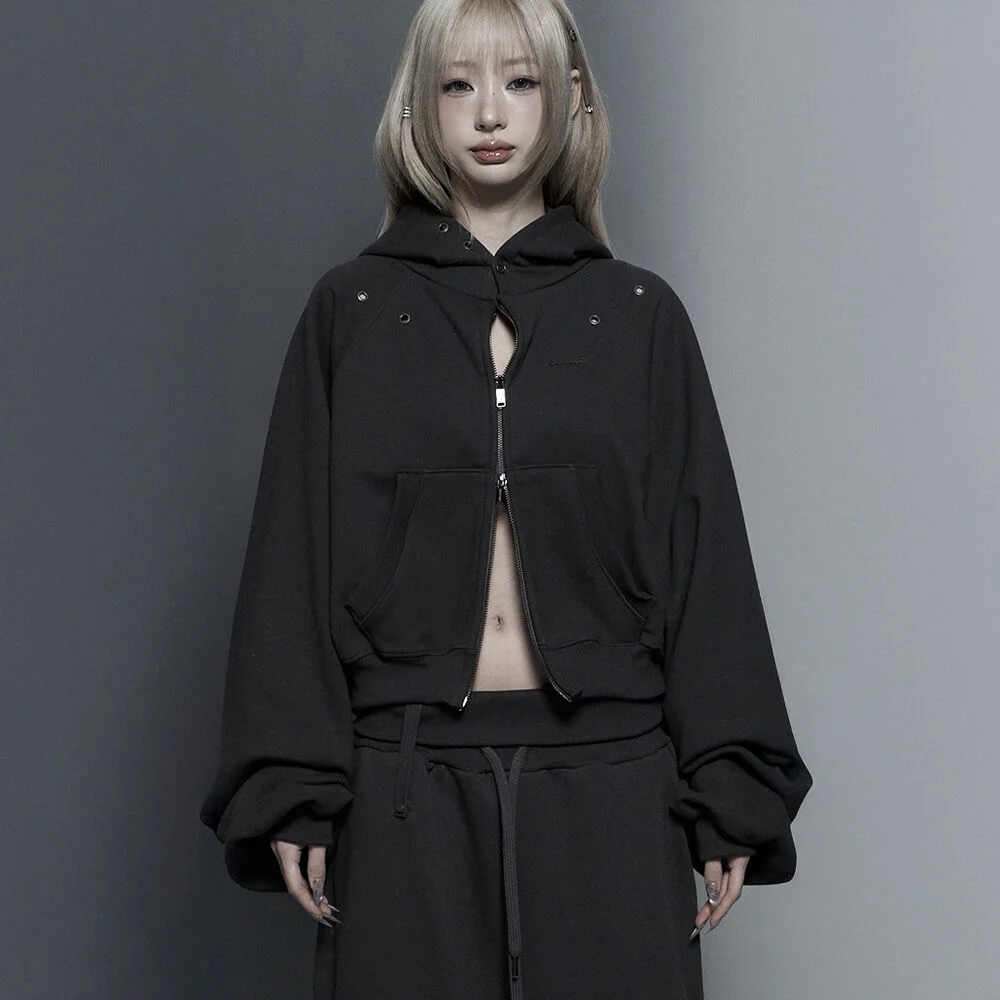 Hotfix Detail Cropped Two-Way Zip Hoodie (Charcoal)