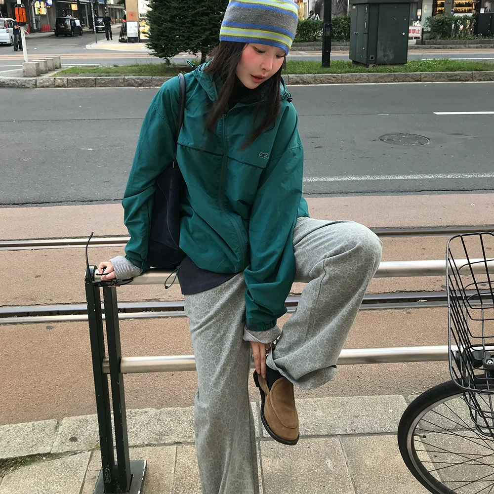 復古 花卉 鬆緊帶 靴型 褲子 (Ash Mint)