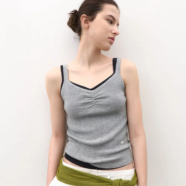 SCALLOP SHIRRING RIBBED SET-UP KNIT TOP (T-7248)