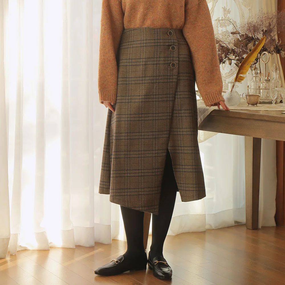 UNBALANCE WRAP CHECK SKIRT_BROWN