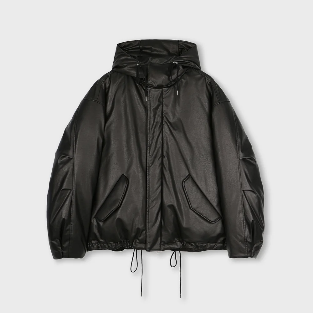 OVERSIZED M65 HOOD SHORT DOWN PARKA VEGAN LEATHER BLACK
