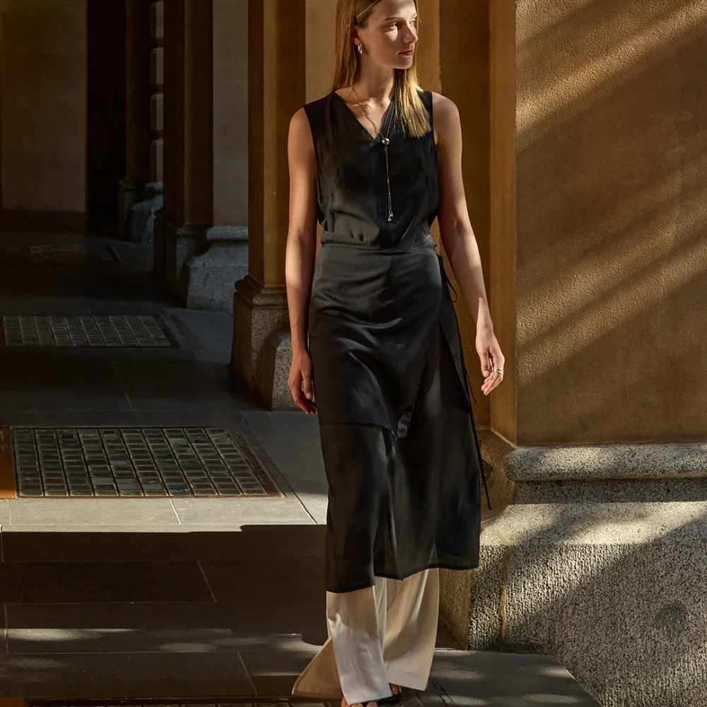 SHEER LAYERED SLEEVELESS DRESS_BLACK