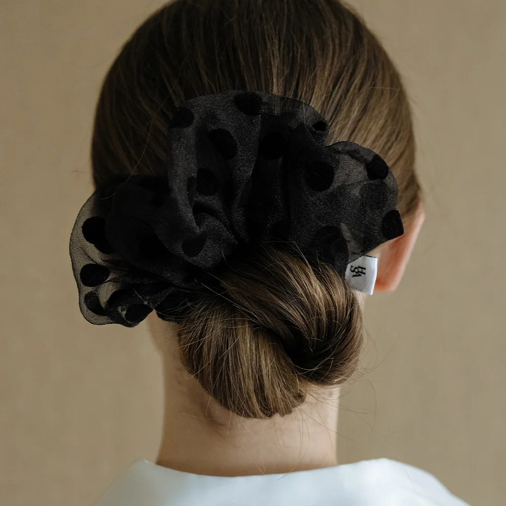 EN006 Black dot chiffon Scrunchie