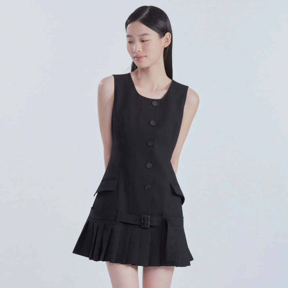 Sleeveless Pleated Suit Dress - Dark Navy