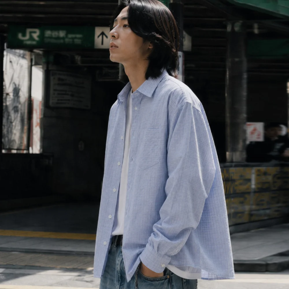 Daven 泡泡紗 格紋 襯衫_BLUE