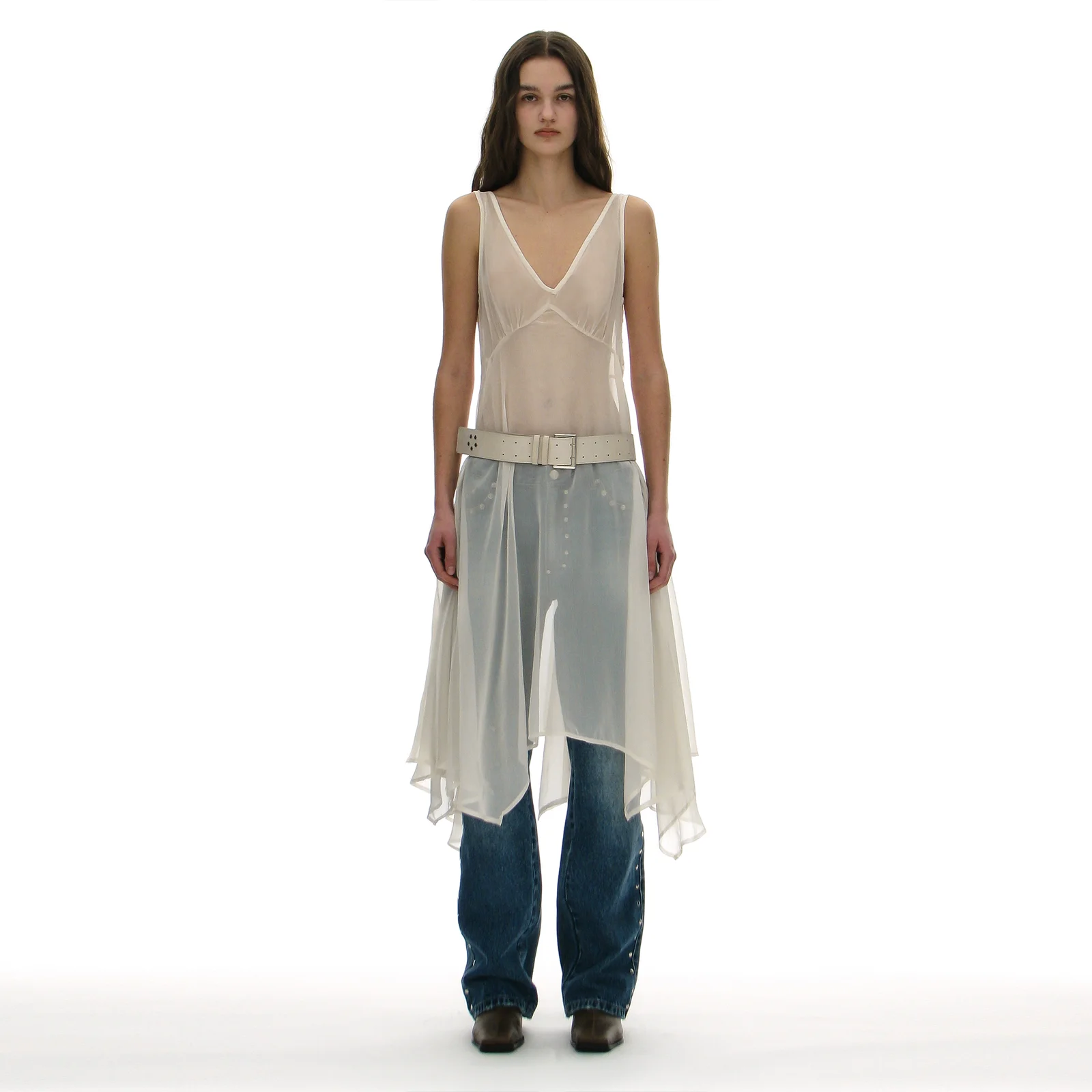 SHEER UNBALANCE LAYERED DRESS_ECRU