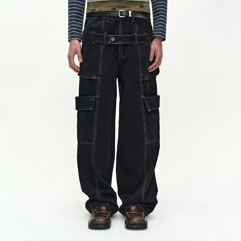 BELT LAYERED CARGO WIDE-LEG JEANS (BLACK)