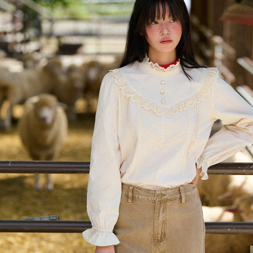 High-Neck Lace-Frill Blouse (Beige)