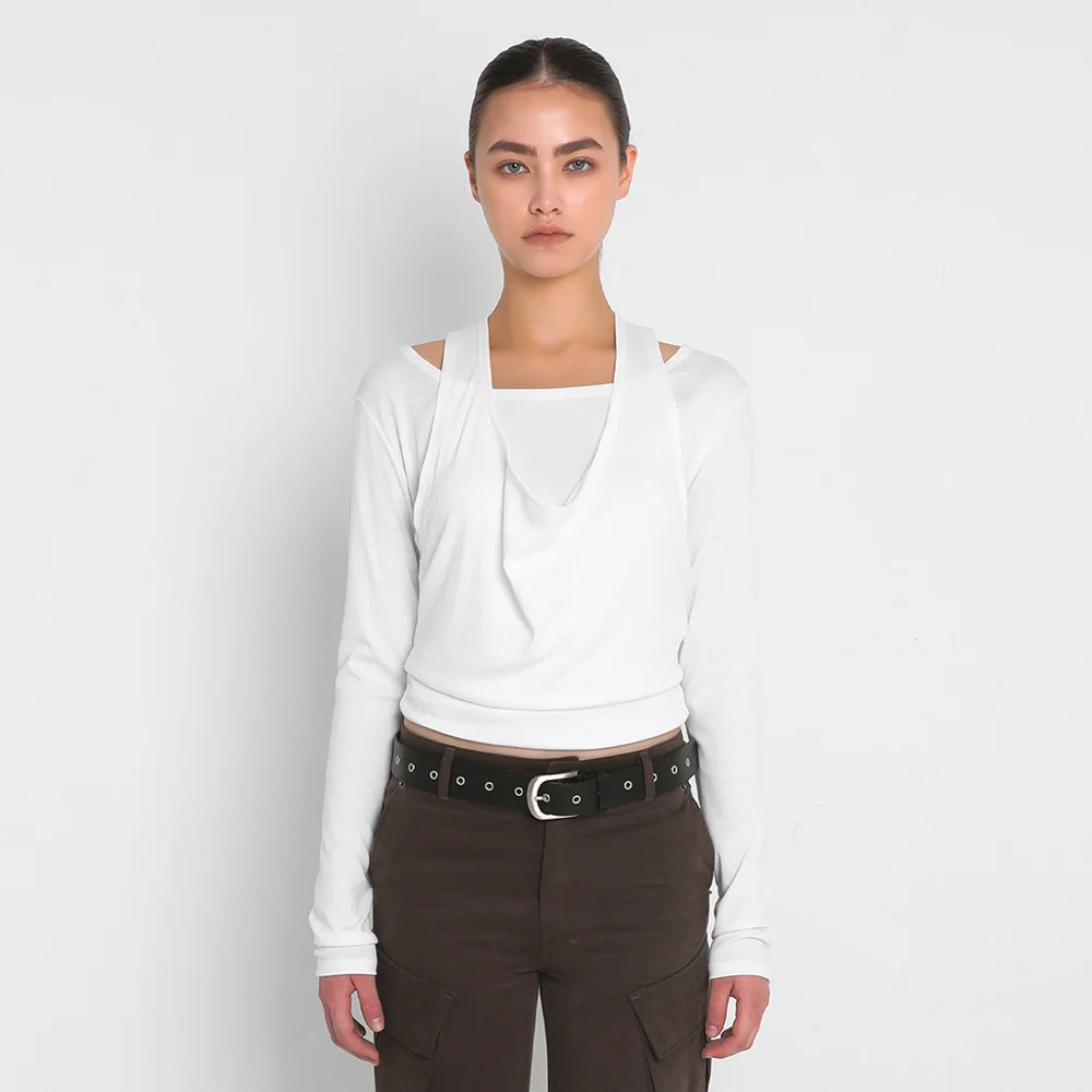 DRAPED HALTER LAYERED LONG SLEEVE T-SHIRT_IVORY