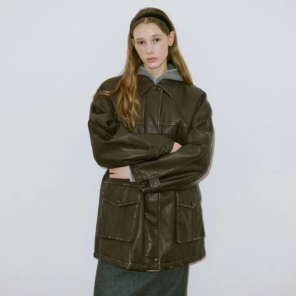 Washing Leather Half Jacket (Brown)