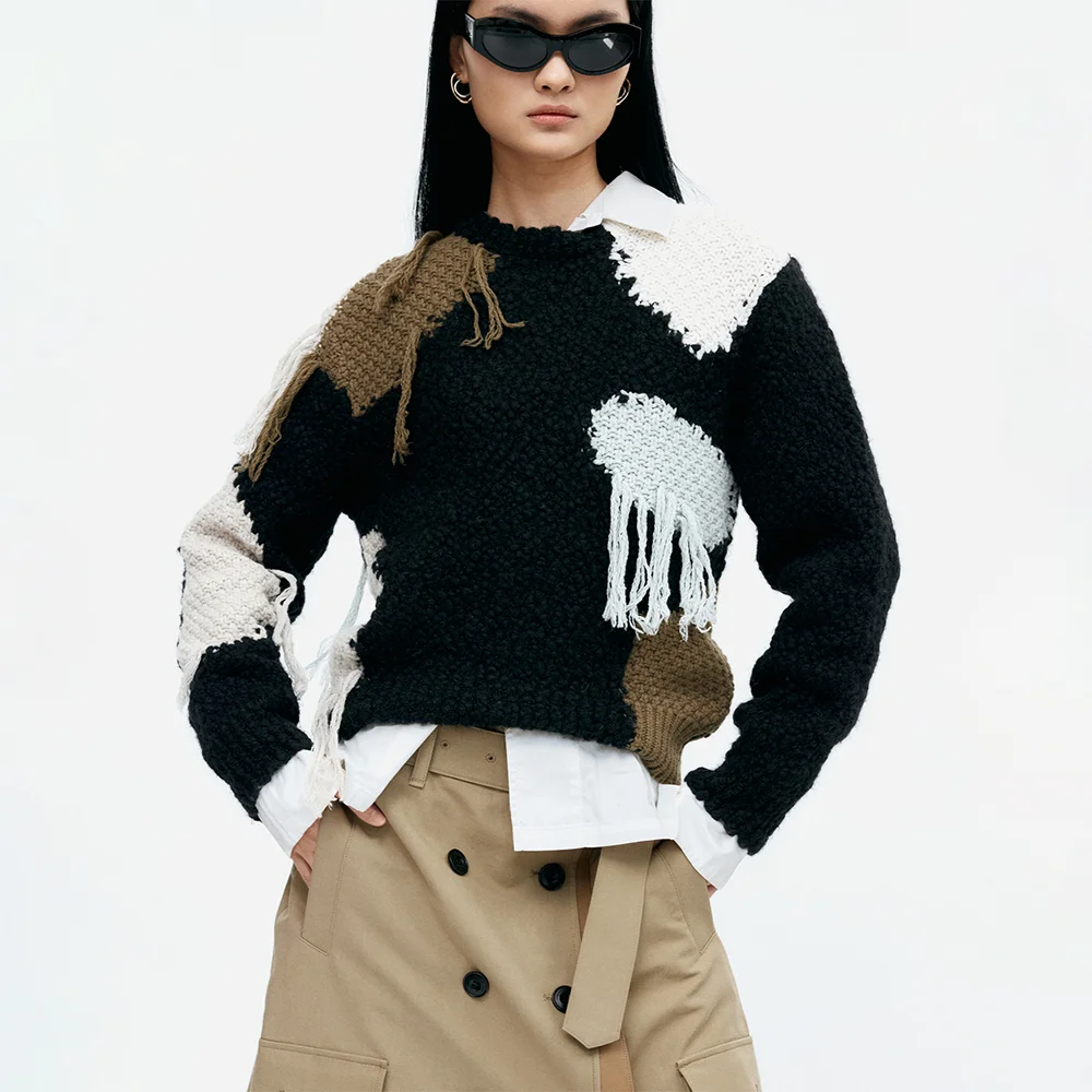 SYLVIA ABSTRACT PATCHWORK SWEATER atb1365w(BLACK)