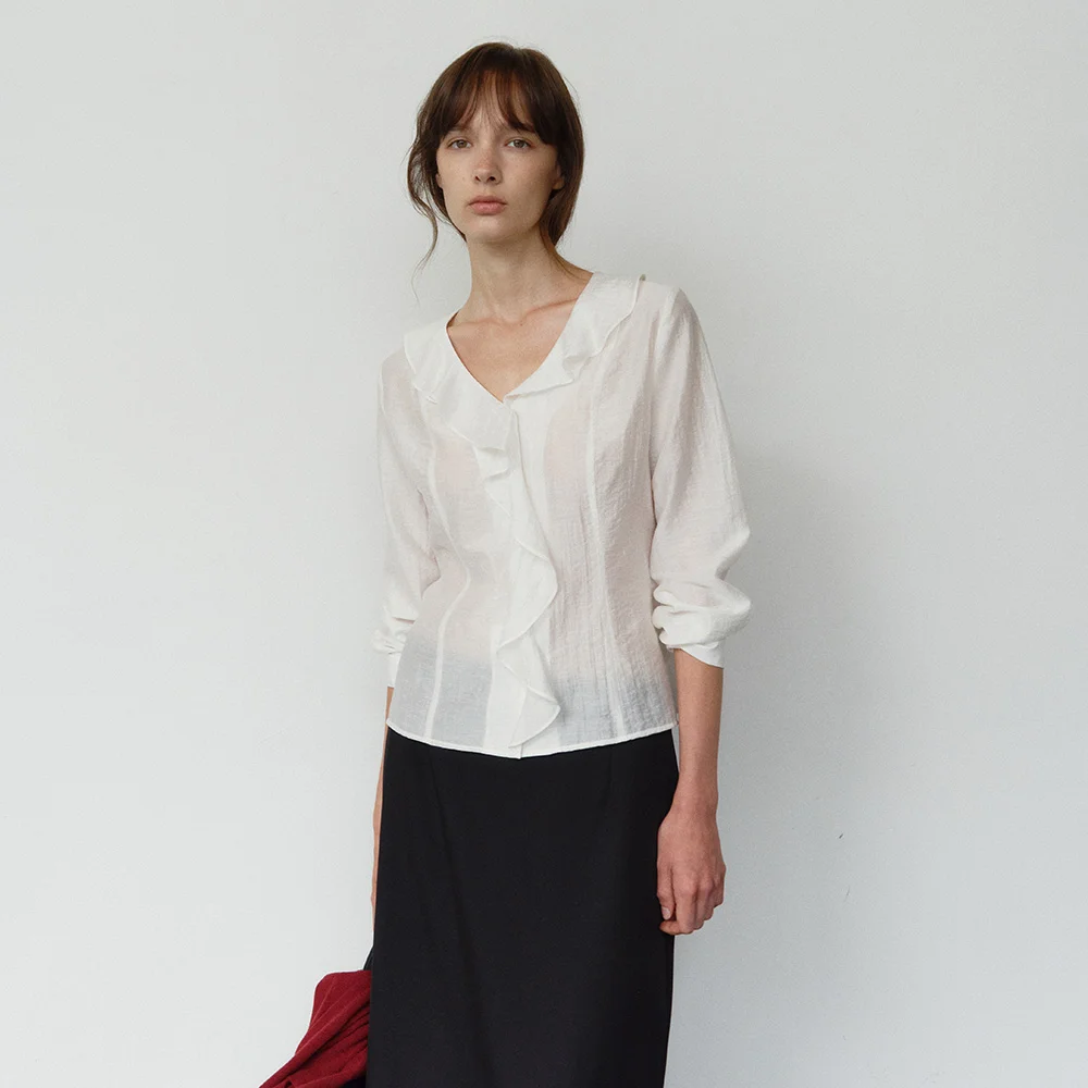 CRINKLE LINE RUFFLE BLOUSE_IVORY