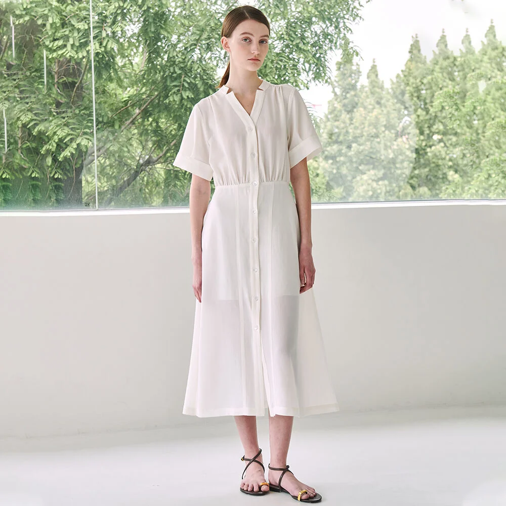 Stand Collar Shirring Dress - White