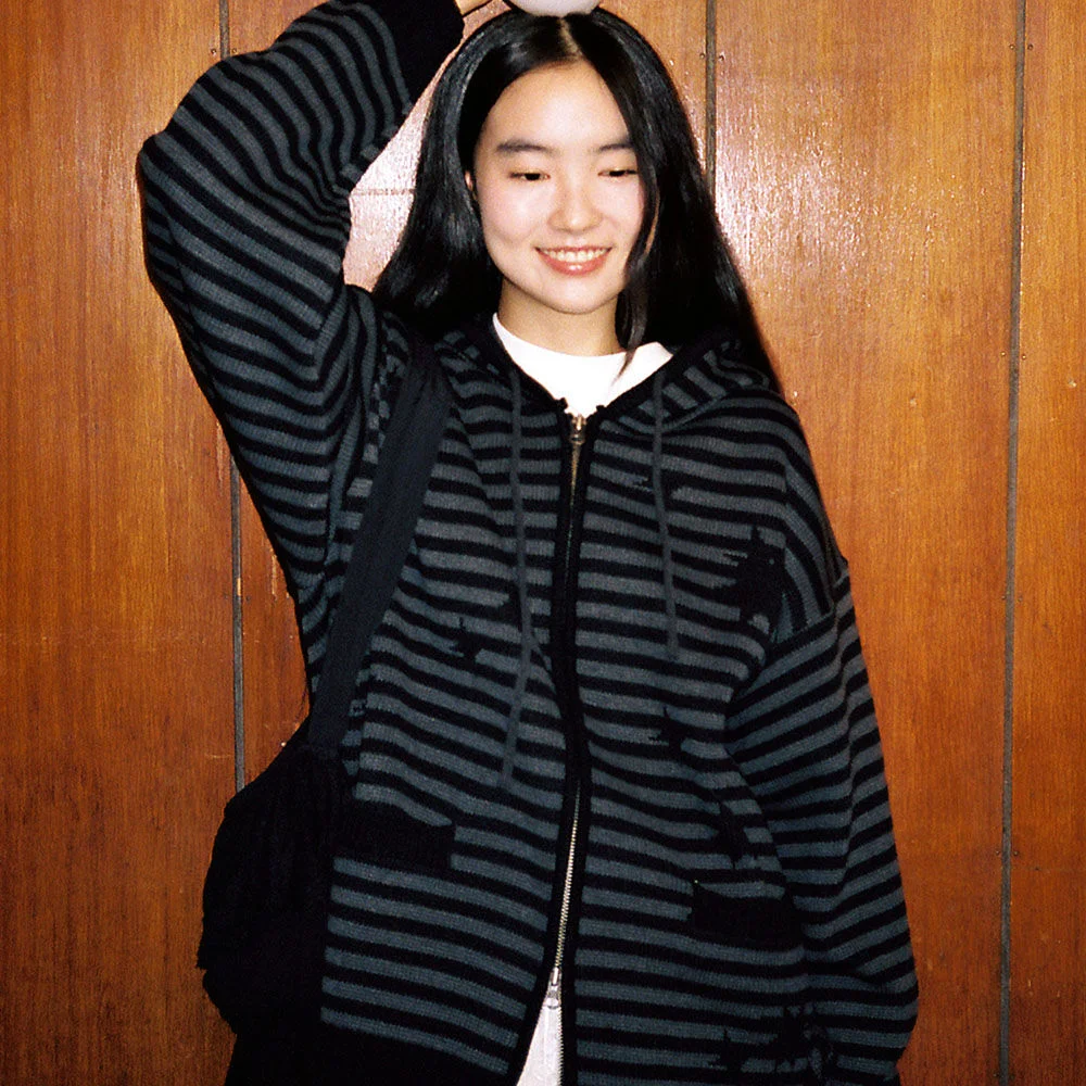 STAR STRIPE KNIT HOOD ZIP UP_BLACK(IK2FFMK681A)