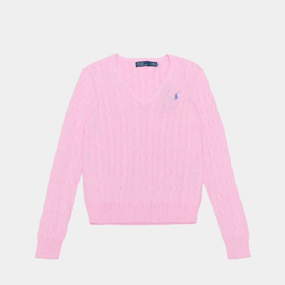 絞花 針織衫 純棉 V領 毛衣 (PINK)