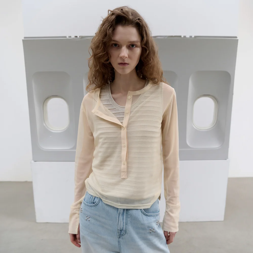 Mesh Layered Half-Open T-Shirt (Lemon)