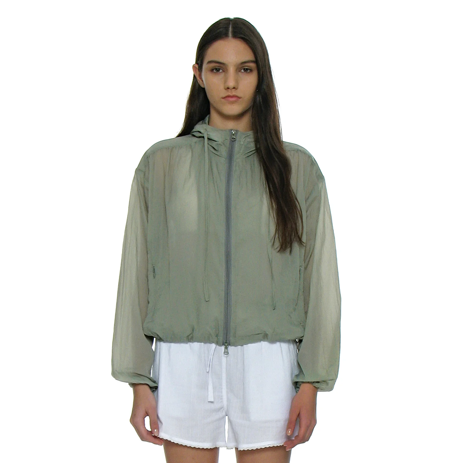 SHEER SHIRRING HOODIE JACKET_MINT GREY