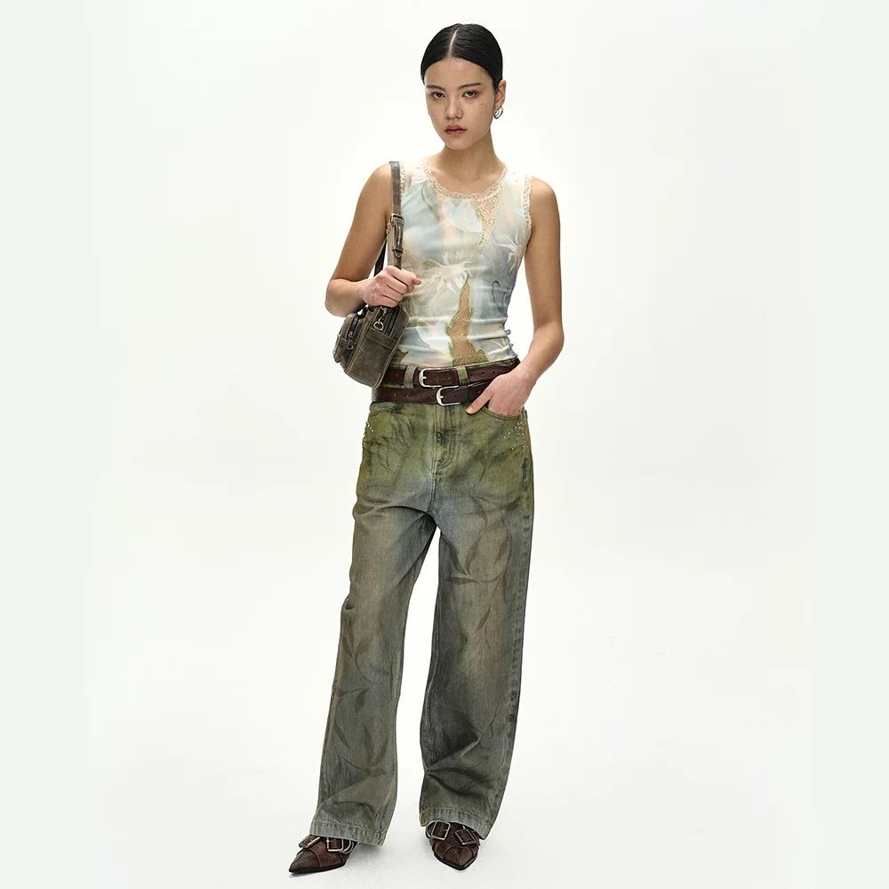 BOTANICAL-PRINT JEANS apa916w(GREEN/BLUE)