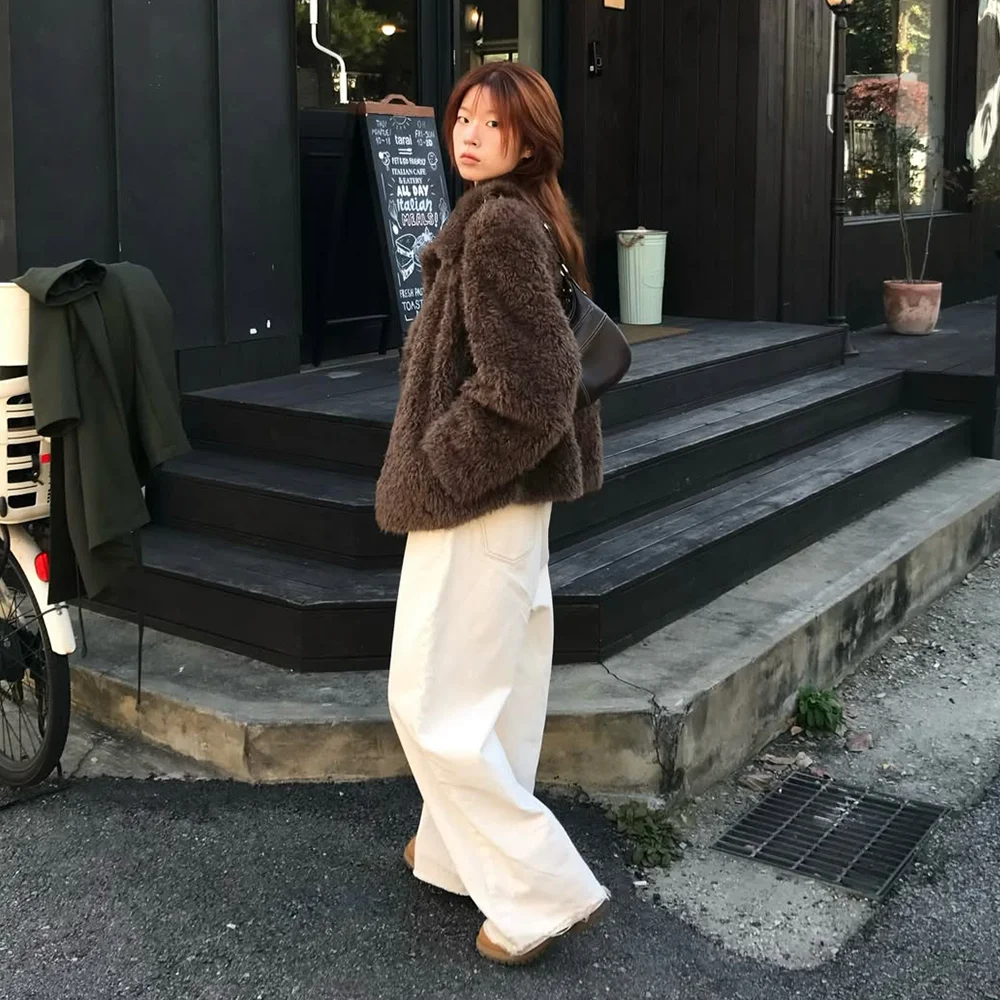 女裝 合成 毛絨 半 大褸 啡色