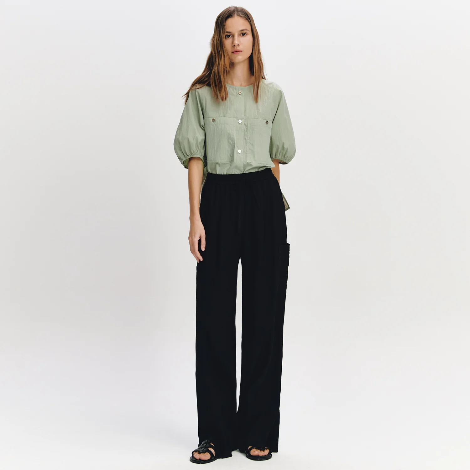 Banded Cargo Slit Pants BLACK