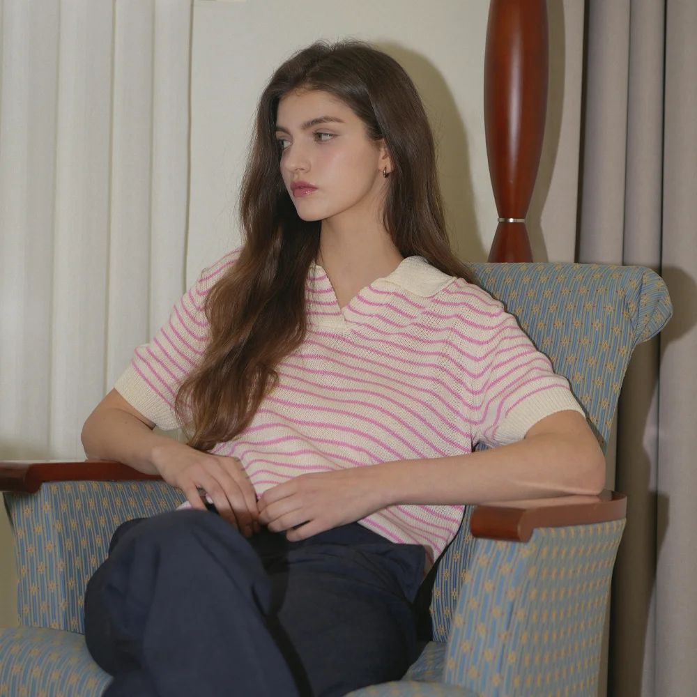 Stripe Collar Half Knit (Pink)