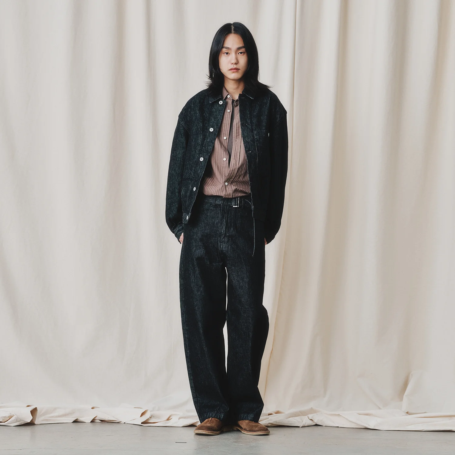 Belted Wide Denim Pants_ Washed Black