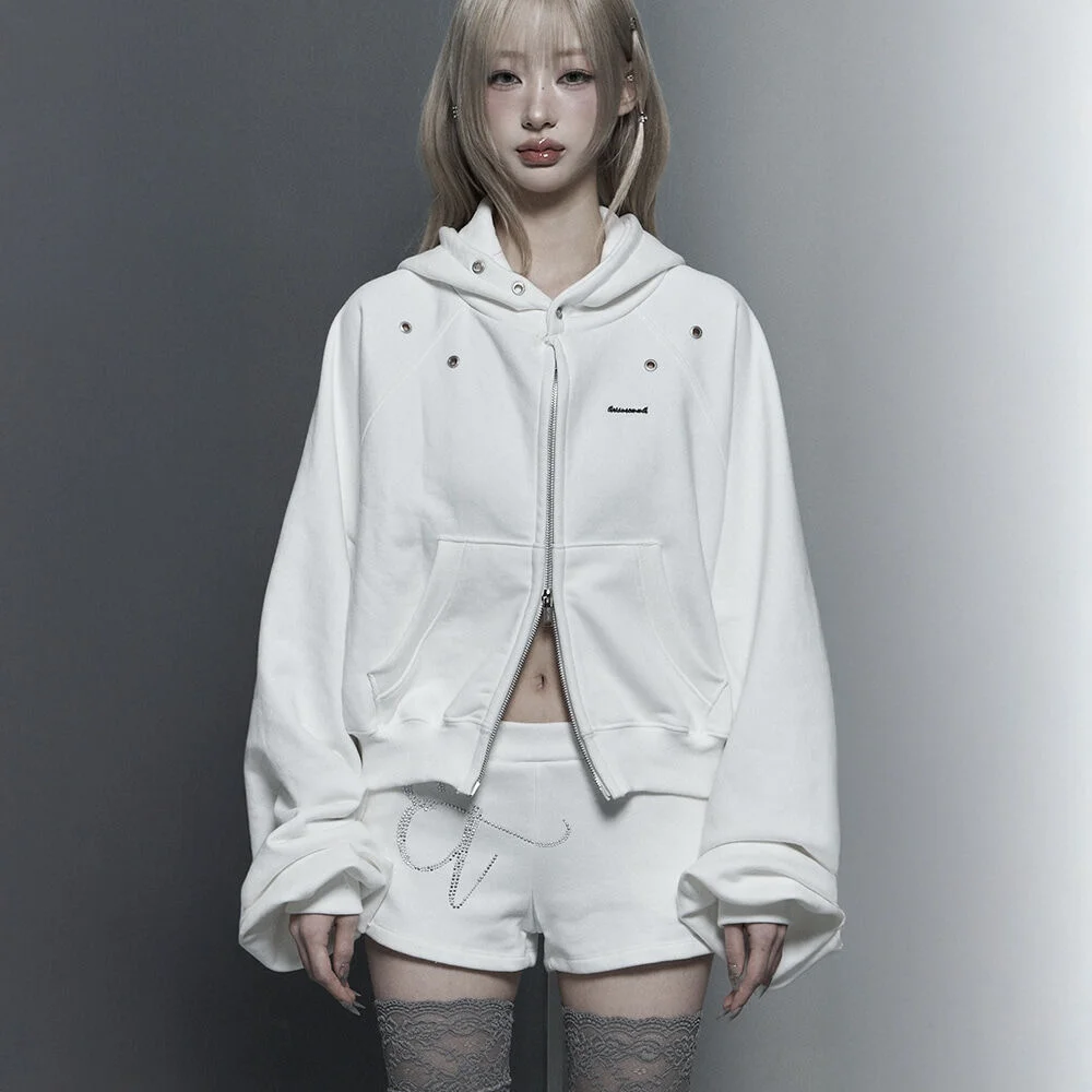 Hotfix Detail Cropped Two-Way Zip Hoodie (White)