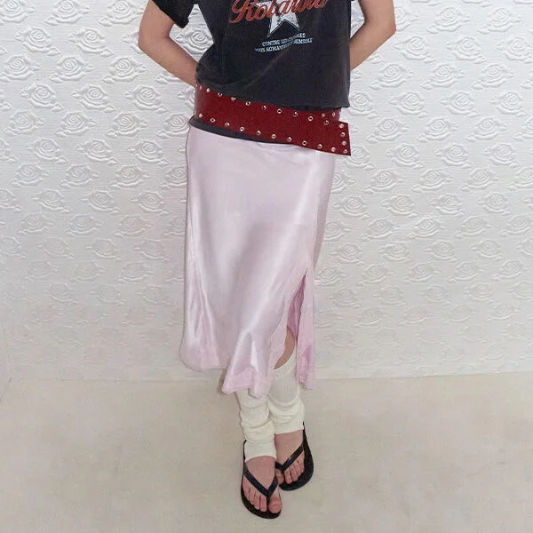 SATIN LACE LONG SKIRT LIGHT PINK