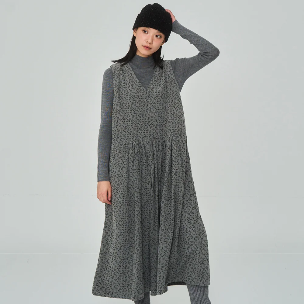 Flower Corduroy Gray Dress