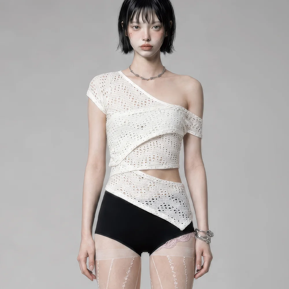 Hole Knit Layered Side Slit Top (Ivory)