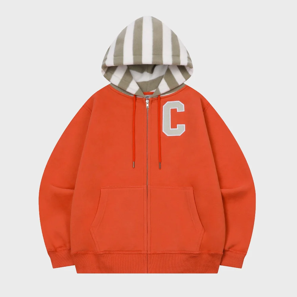STRIPED-HOOD ZIP-UP HOODIE(ORANGE/加絨)