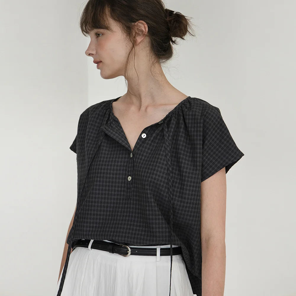 deep henly-neck check blouse (charcoal) orc 6078