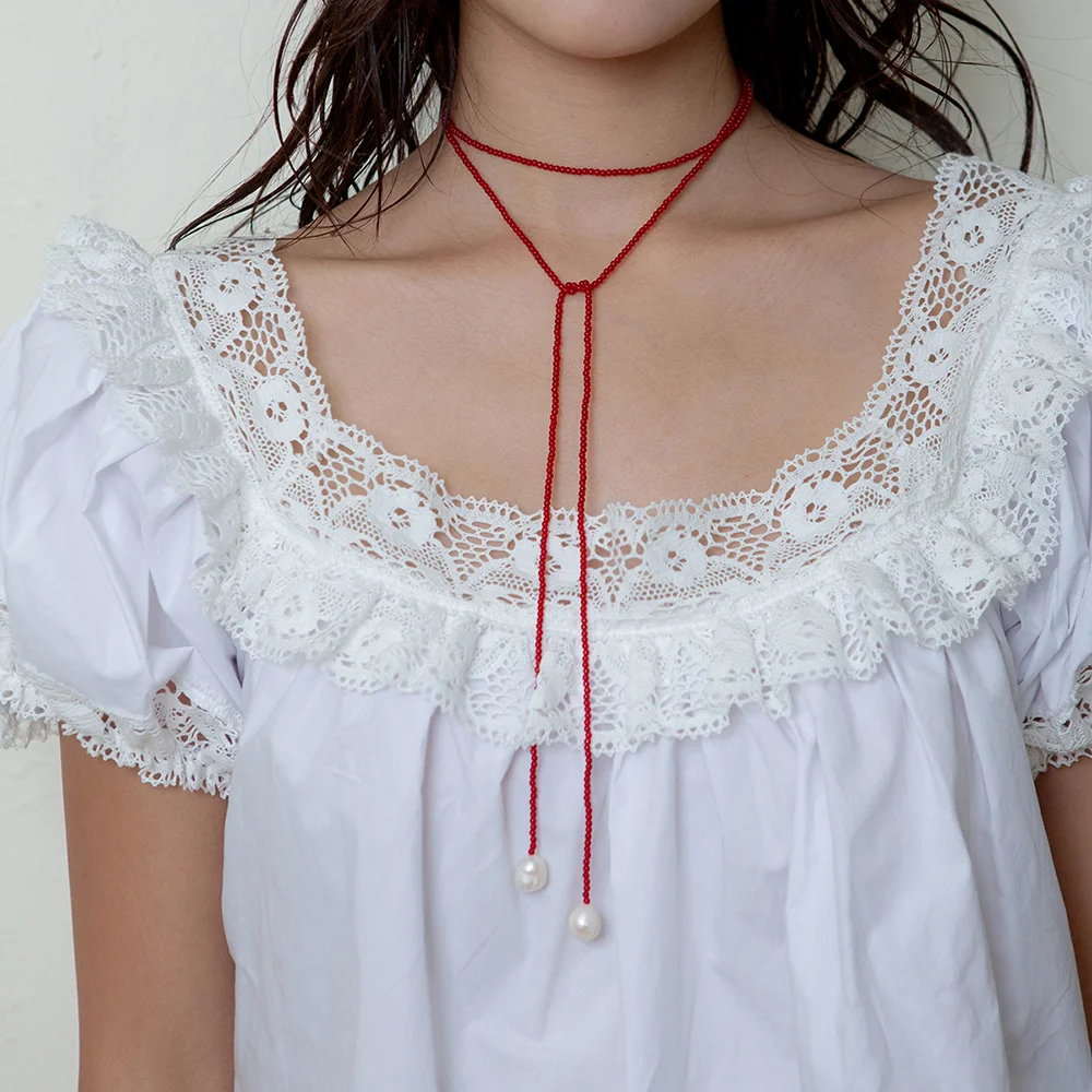 bead pearl tie necklace - red
