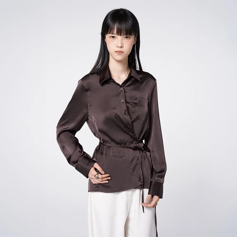 2-Way Asymmetric Wrap Satin Shirt Brown