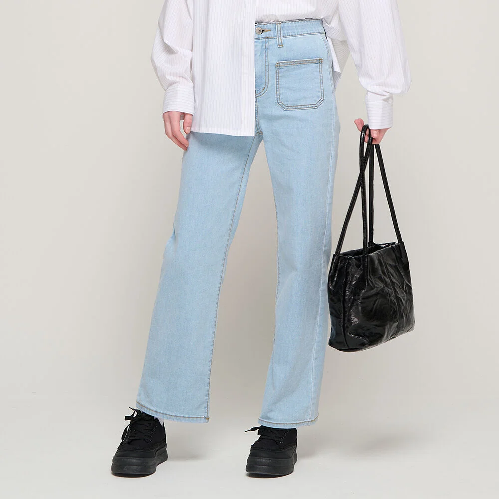 筆刷 單褶 寬版 牛仔褲 (淺藍牛仔)