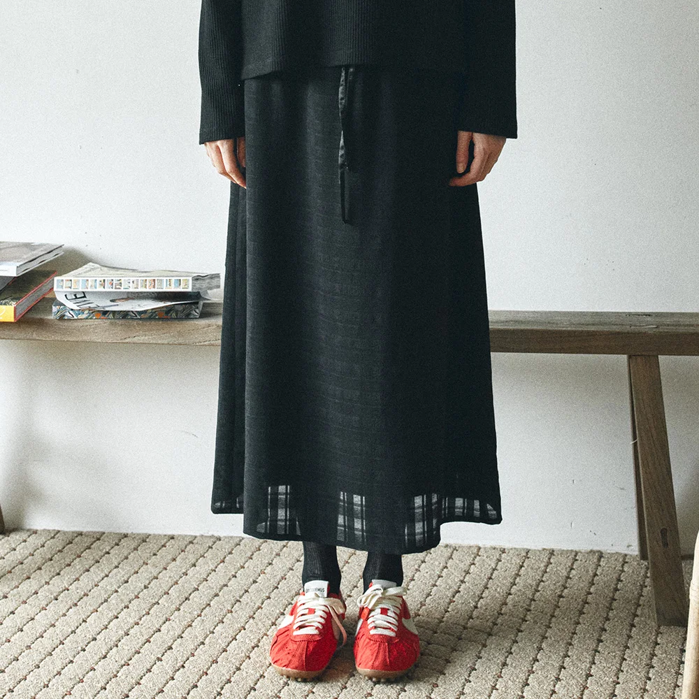 P3298 Maxi 格紋 半身裙_Black