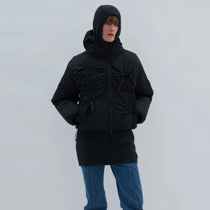 REVERSIBLE SHIRRING HOODED PUFFER JACKET_2COLORS