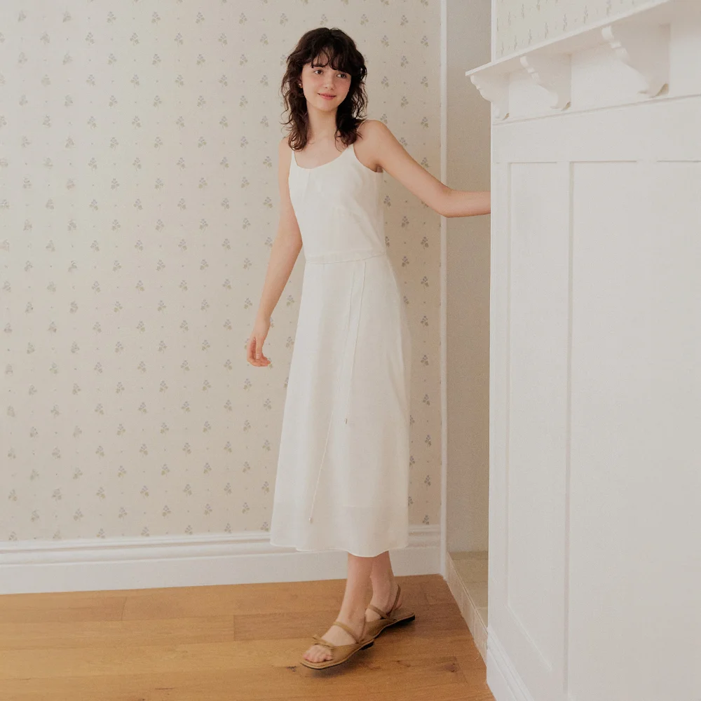 Jacquard rope belt long dress - ivory